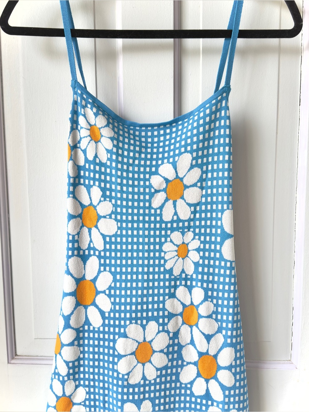 Zara Blue Gingham Daisy Knit Mini Dress Size Large - Picture 6 of 12